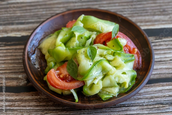 Fototapeta Vegetable salad with raw pickled zucchini and fresh tomatoes on clay plate on wooden table, side view, close up. Healthy eating