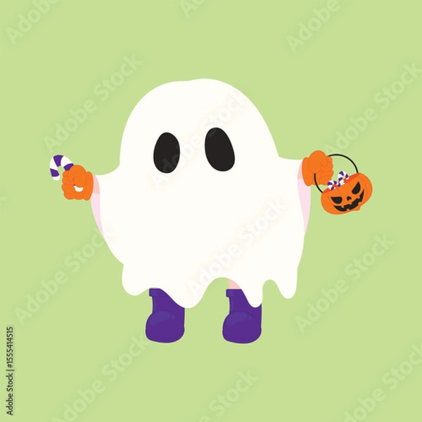 Fototapeta Flat vector illustration of a cute ghost character with candy and pumpkin bucket, wearing purple boots. Ideal for Halloween-themed decorations, party graphics, trick or treat designs, festive designs
