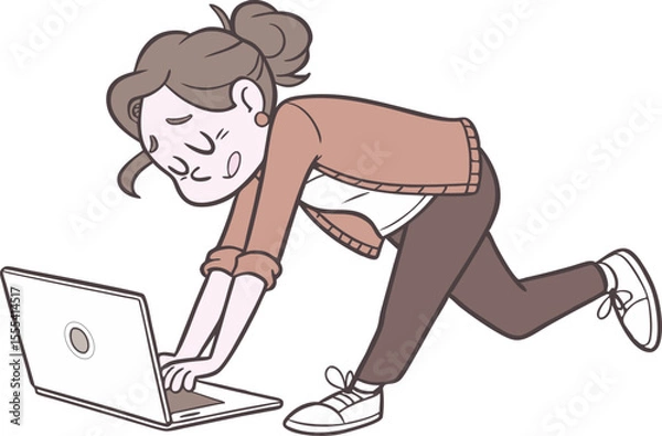 Obraz Young Woman Leaning Over Laptop Illustration ,  A vibrant, modern vector illustration of a young woman or student interacting with a laptop computer. She is casually dressed in a hoodie and pants, wit