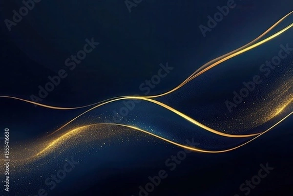 Fototapeta Dark blue background with flowing gold lines and shimmering golden sparkles. Great background for luxury design, promotions, and other festive occasions.