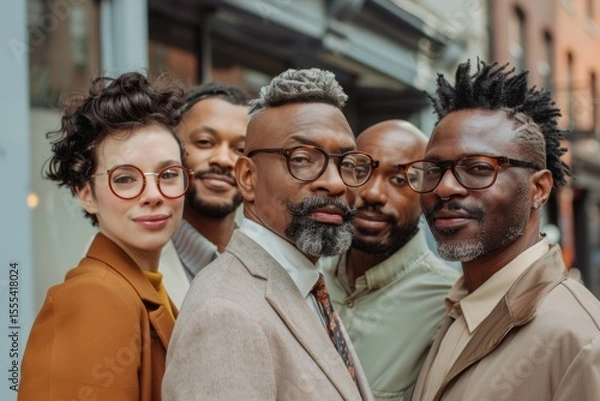 Obraz multiethnic businesspeople in eyeglasses looking at camera in city