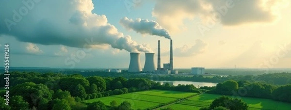 Fototapeta Environmental Impact: Power Plant and Atmospheric Emissions. Suitable for use in content related to ecological issues, sustainable energy debates, industrial regulation