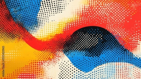 Fototapeta Vibrant abstract art with red, blue, yellow, black circles and halftone pattern. Use as a bold background, design element, or add modern art to your project.