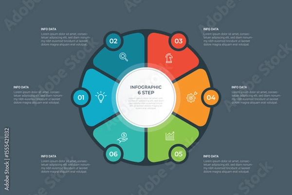 Fototapeta Pie Chart Glassmorphism Infographic Template With 6 Options, Steps, Parts, Segments. Vector Illustration For Business Financial Report