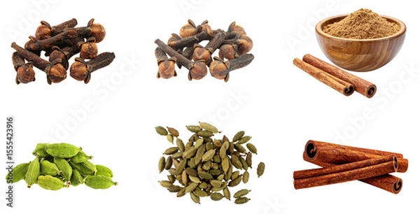 Obraz Collection of high-quality images featuring whole dried cloves, green cardamom pods, and cinnamon sticks with powder, isolated on a transparent background