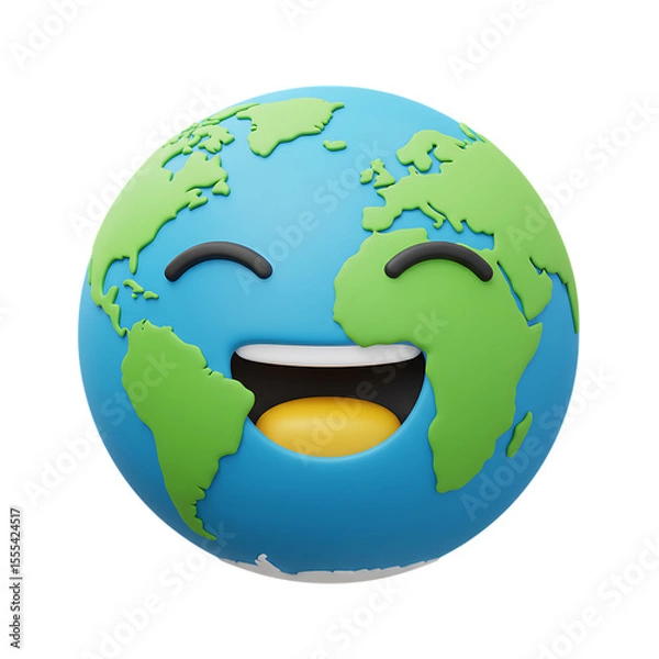 Fototapeta Happy cartoon earth emoji with a big smile isolated on white background