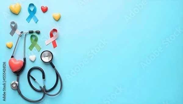 Fototapeta Colorful ribbons and a stethoscope on a blue background, highlighting Childhood Cancer Awareness Month and the gold ribbon