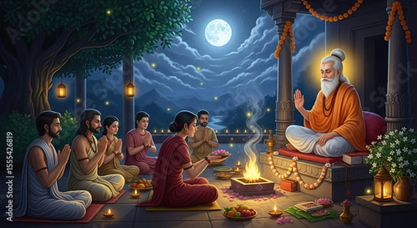 Fototapeta Guru Purnima Celebration with Ancient Sage and Devotees Performing Yagna in Full Moonlight – Spiritual Guidance and Blessing 