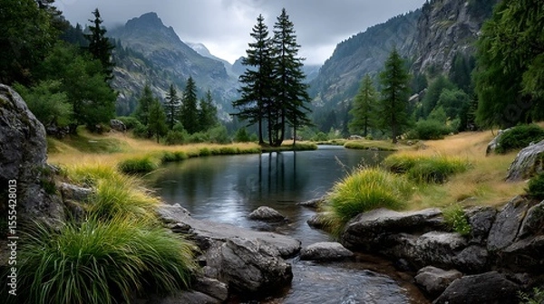 Obraz A calm lake in a mountain basin reflecting fluffy clouds and tall green pines along its edge. 