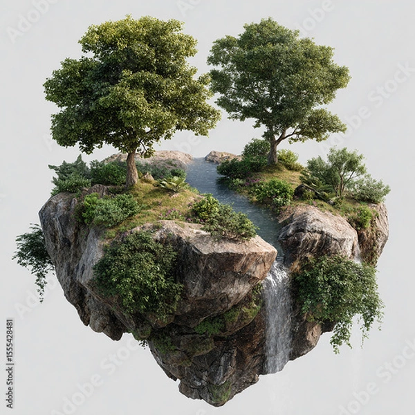 Fototapeta Floating island with waterfalls, trees, and lush greenery in a surreal fantasy landscape, isolated on white background