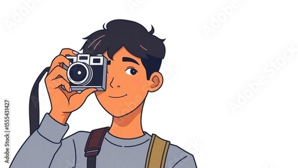 Fototapeta Portrait of a young man aiming with a camera