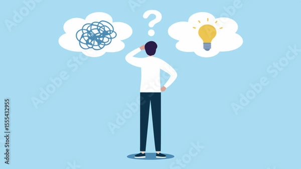 Fototapeta Man contemplating a complex problem versus a bright idea in thought bubbles