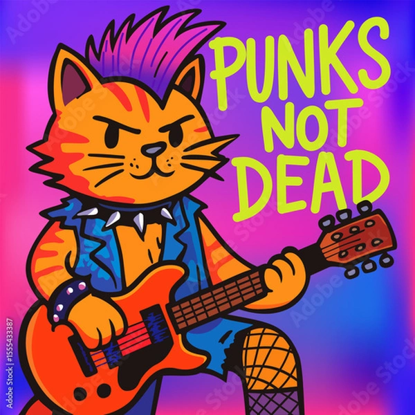 Fototapeta Punks not dead. Cute cat guitarist with mohawk. Bright vector poster
