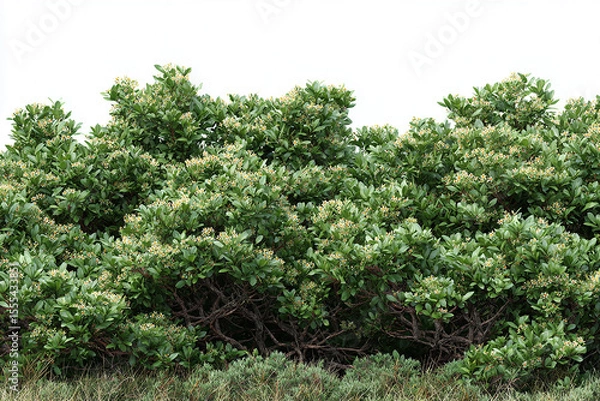 Fototapeta Dense green flowering shrubs with woody branches and clustered foliage isolated on white background, natural landscaping or garden plant