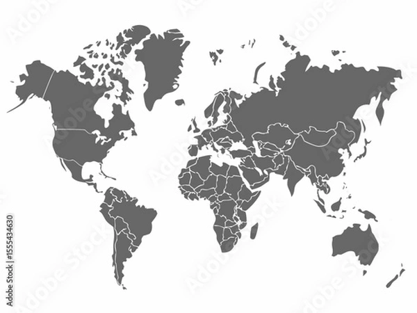 Fototapeta Vector  a gray world map illustration showing continents and country borders on a white background in a flat style