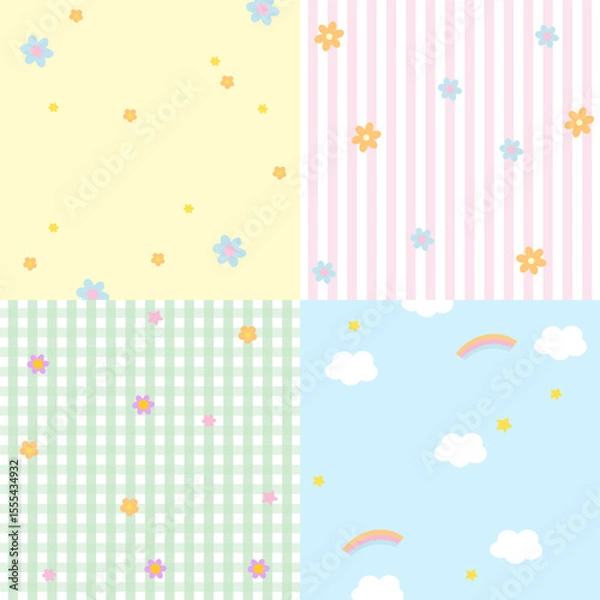 Fototapeta Four set of pastel background designs with flower, rainbow, cloud for wallpaper, backdrop, ad template, frame, paper design, social media, poster, sticky note, notepad, floral print