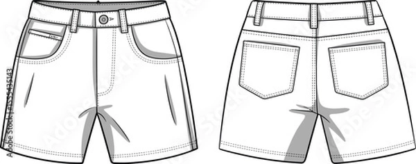Fototapeta CAD drawing flat vector illustration of denim shorts, front and back technical sketch, fashion design template, garment blueprint, apparel mockup