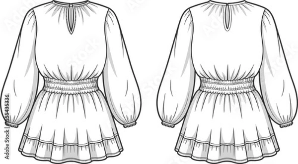 Fototapeta CAD drawing flat vector illustration of women’s smocked waist ruffle hem blouse with puff sleeves, back view, technical sketch
