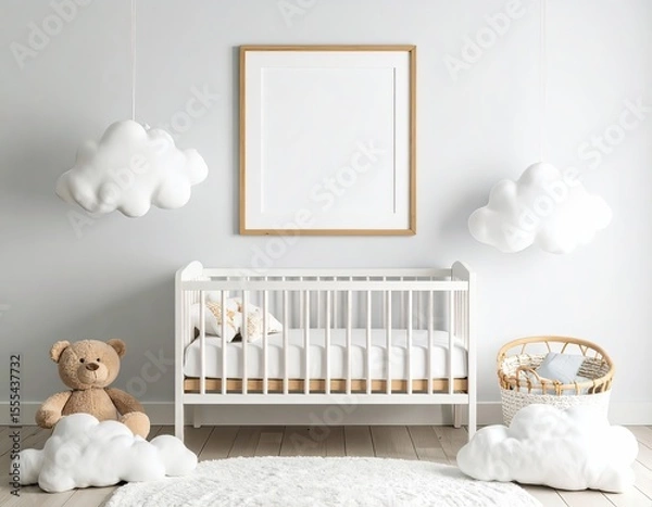 Fototapeta Interior of nursery room with empty frame and crib