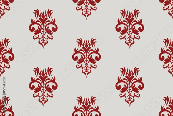 Fototapeta Red Damask Seamless Pattern on Light Grey Background
