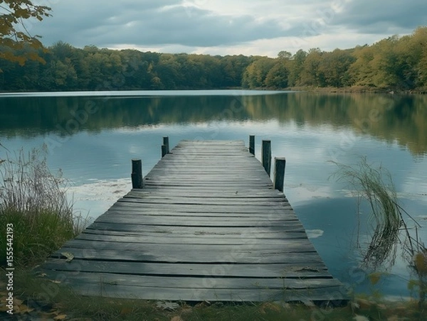 Fototapeta wooden pier on a lake, calm water, reflections, trees, autumn colors