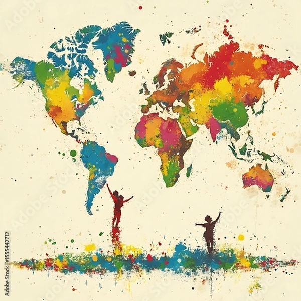 Fototapeta Colorful watercolor world map with figures reaching up