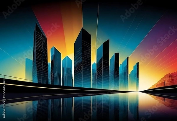 Obraz Vibrant urban panorama, stylized cityscape reflecting in shimmering waters