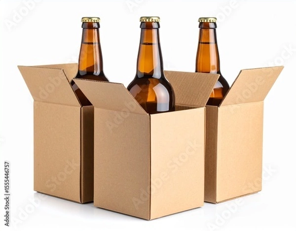 Fototapeta Three open cardboard boxes each hold a clear glass bottle with a gold cap.