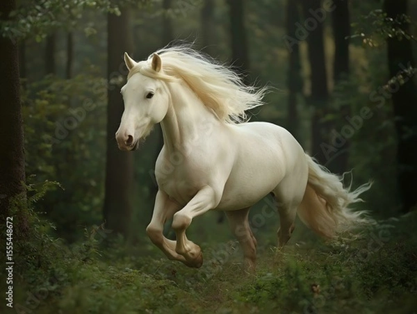 Fototapeta white horse running in forest, sunlit clearing, atmospheric perspective, powerful stride