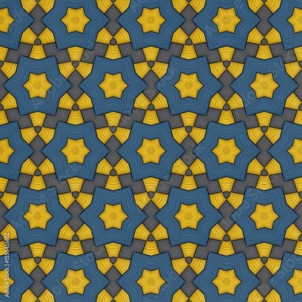 Fototapeta Dynamic geometric pattern displaying a repeated arrangement of star shapes in vibrant yellow and deep blue