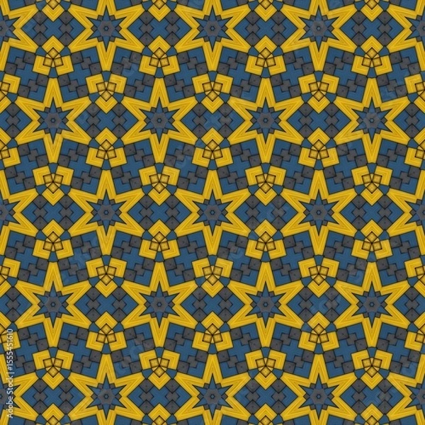 Fototapeta Vibrant geometric pattern featuring a repetitive design of star shapes in contrasting blue and golden hues