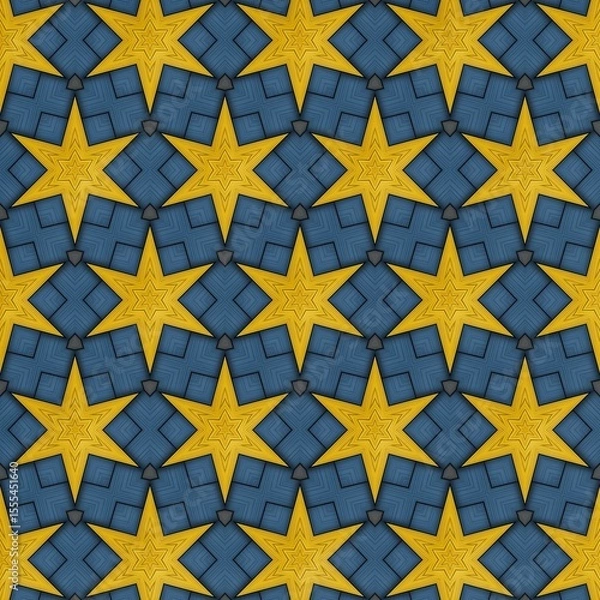 Fototapeta Vibrant geometric pattern featuring a repeated design of star shapes in bright yellow and deep blue
