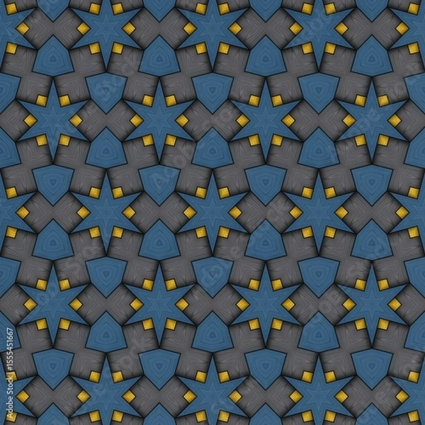 Fototapeta Dynamic geometric design displaying a repetitive arrangement of star and shield shapes in rich blue and vibrant yellow