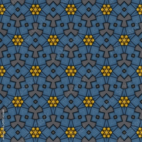Fototapeta Intricate geometric pattern featuring a repetitive design of stylized star and curved shapes in vibrant yellow and deep blue
