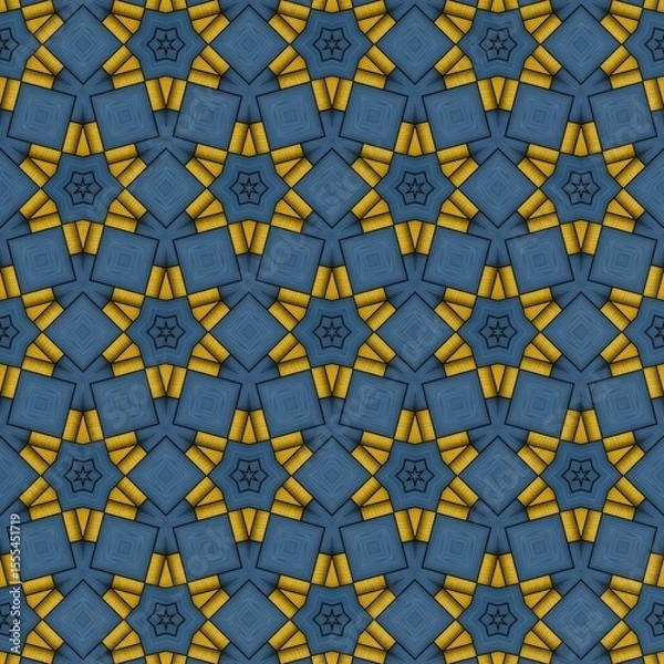 Fototapeta Intricate geometric pattern featuring a repetitive design of star shapes intertwined with triangular elements in rich blue and vibrant yellow