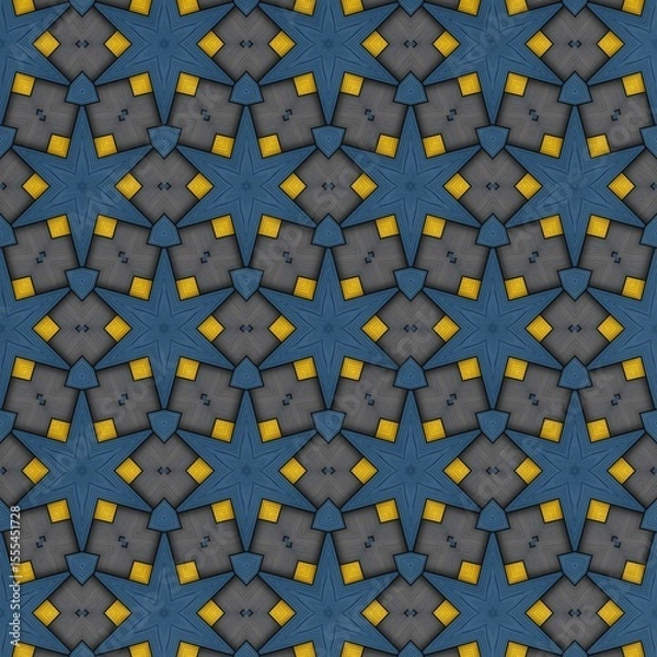 Fototapeta Complex geometric design showcasing a repetitive arrangement of star and diamond shapes in deep blue and vibrant yellow