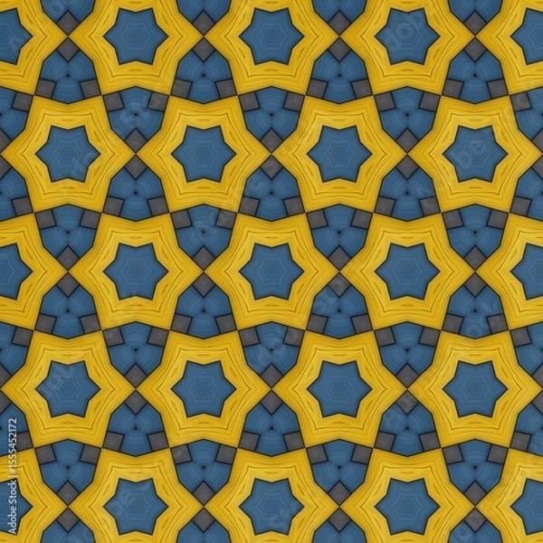 Fototapeta Vibrant geometric pattern featuring a repeated arrangement of star shapes interspersed with wavy lines in bright yellow and deep blue