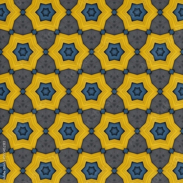 Fototapeta Intricate geometric pattern showcasing a repetitive arrangement of star shapes and curved lines in vibrant yellow and deep blue