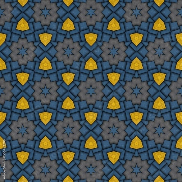 Fototapeta Dynamic geometric pattern featuring a repetitive arrangement of triangular and star shapes in vibrant yellow and deep blue