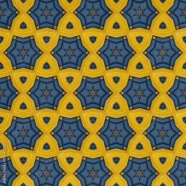 Fototapeta Vibrant geometric design featuring a repetitive arrangement of star shapes and curved lines in rich yellow and deep blue