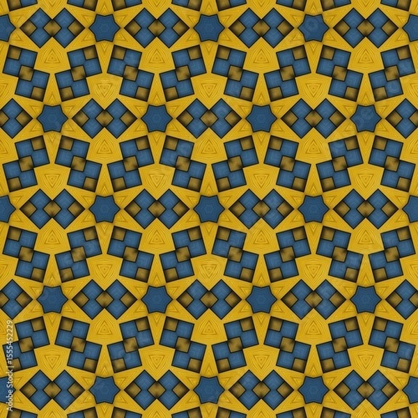 Fototapeta Vibrant geometric pattern displaying a repetitive arrangement of interlocking square shapes and star motifs in bright yellow and deep blue