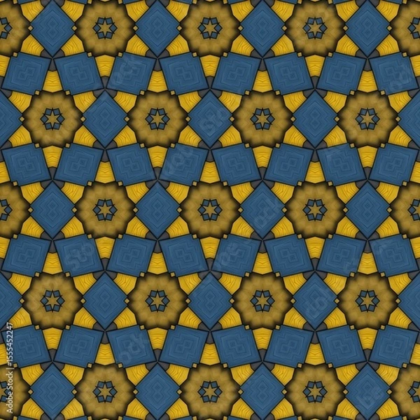 Fototapeta Intricate geometric pattern featuring a repetitive design of star shapes and squares in vibrant yellow and deep blue