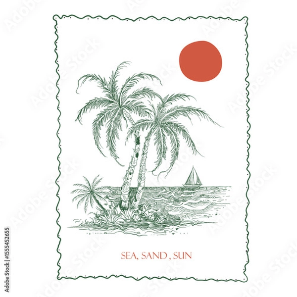 Obraz Hand Drawn tropical beach. the beach club slogan text. summer beach graphics.  Womens girls graphics. print design. vintage retro artwork. poster design.
