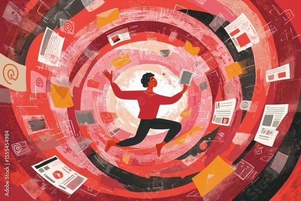 Fototapeta Overwhelmed by Information: A person surrounded by emails, documents, and digital media within a vortex of data overload.