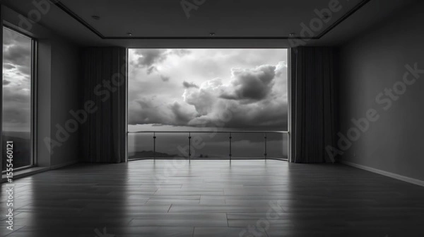 Fototapeta Monochrome interior with a dramatic sky view and modern architecture