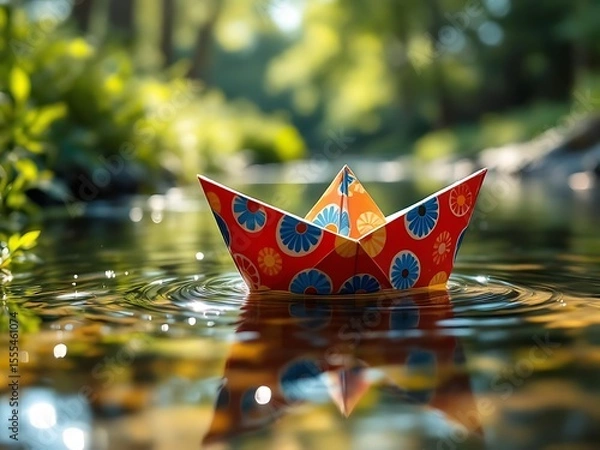 Fototapeta Close-up of a paper boat gently drifting in a small river, evoking childhood memories and simplicity. Perfect for nostalgic, playful, or nature-themed visual concepts
