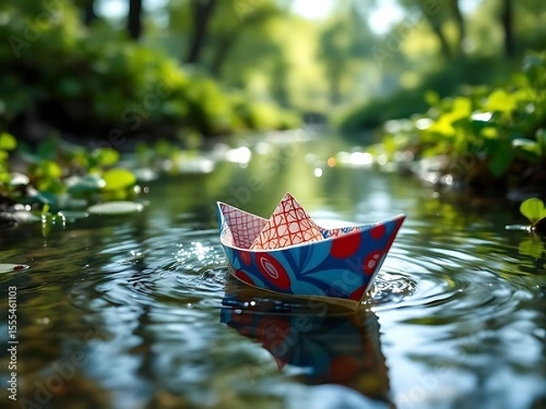 Fototapeta Close-up of a paper boat gently drifting in a small river, evoking childhood memories and simplicity. Perfect for nostalgic, playful, or nature-themed visual concepts