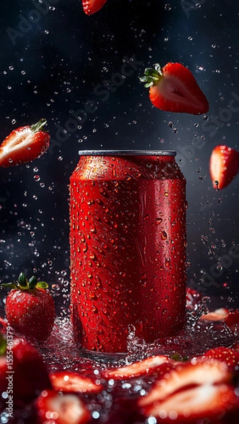 Fototapeta facing camera, sliced fresh strawberries in the air scattered, front on camera shot, can hovering in an abstract vibrant space surrounding the can, wet, them of strawberry colours, thirsty, liquid,