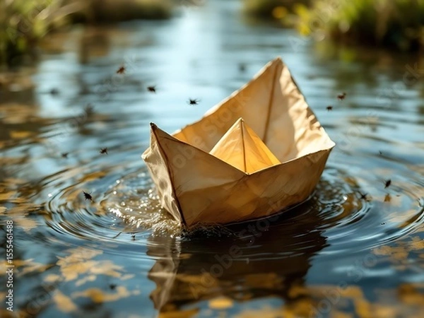 Fototapeta Close-up of a paper boat gently drifting in a small river, evoking childhood memories and simplicity. Perfect for nostalgic, playful, or nature-themed visual concepts