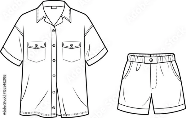 Fototapeta CAD drawing flat vector illustration of button up shirt and shorts set, front view, fashion technical sketch, casual summer outfit